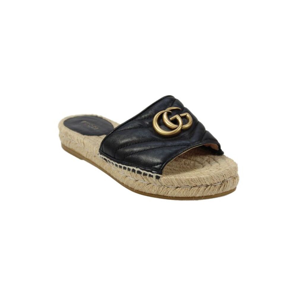 Gucci Womens Leather Quilted Logo Espadrille Sandals Black Size 35 5